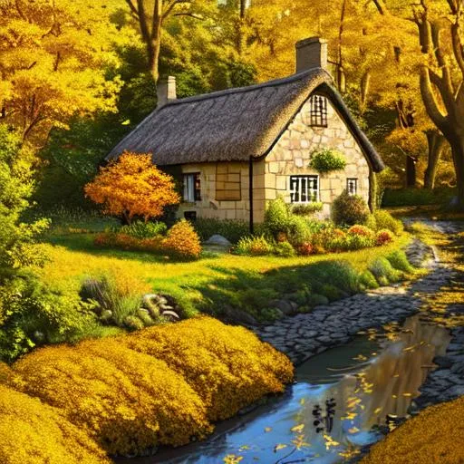 Prompt: English Flower Cottage village surrounded by a Forest of Elder Tree with Golden orange and golden yellow leaves and a creek under a Bright Golden Autumnal Sunlight