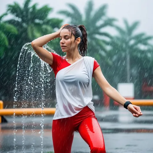 Prompt: photo of young woman, soaking wet clothes, Sneakers , Red workout shorts, White one shoulder tshirt,  , Yoga class in the rain,   enjoying, water dripping from clothes, clothes stuck to body,  detailed textures of the wet fabric, wet face, wet plastered hair,  wet, drenched, professional, high-quality details, full body view.