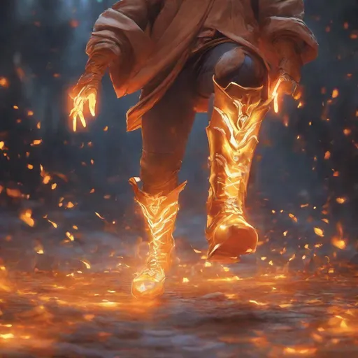 Prompt: running legs wearing glowing magical boots made of fire leaving a glowing orange trail behind them, glowing, focus on boots, medieval,  magic the gathering, dungeons and dragons, fantasy, award winning, artstation, stylized,  