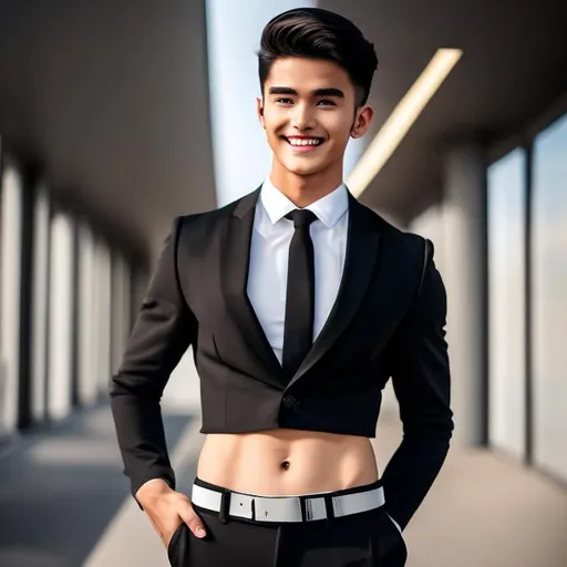 Prompt: crop top, black long sleeve business suit with a black necktie, bare midriff, bare navel, attractive, 20-years old, determined, long hair, male, man, rock hard abs, smiling, hands on hips, (outside behind building), ((high quality)), 4k, hdr, ((highly detailed)), ((vibrant)),