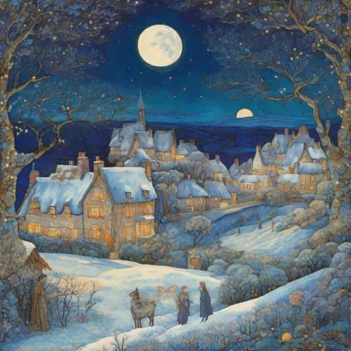 Prompt: Inlay Aubusson tapestry: a winter enchanted beautiful moon, a whimsical village landscape background under a beautiful twilight night sky art by Jane Small, Edmund Dulac, Iris Scott, John Lowrie Morrison, Regina Valluzzi, Thomas Edwin Mostyn, Barbara Takenaga, John Piper, Abanindranath Tagore, John Bauer. 3/4 portrait, beautiful pastel aquarelle colours, crispy quality, cinematic smooth, polished finish, high quality, very clear resolution, blue, gold and rose tones, metallic glow