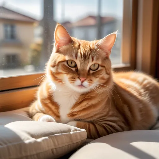 Prompt: Through the window, a cute cat is seen lying on a soft cushion, soaking in the warmth of the sun.