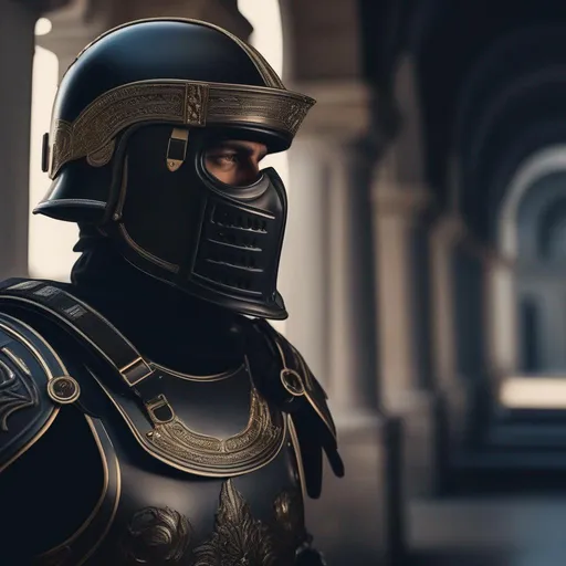 Prompt: A modern roman military male in black military armor galea helmet of roman armor, and gas mask, background Roman futuristic Hyperrealistic, sharp focus, Professional, UHD, HDR, 8K, Render, electronic, nervous vibe, loud, tension, dark, Epic