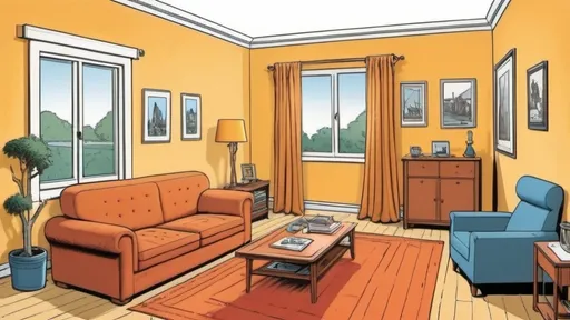 Prompt: Herge and Bill Waterson inspired concept art of living room, 2 point perspective, comic book style. 
