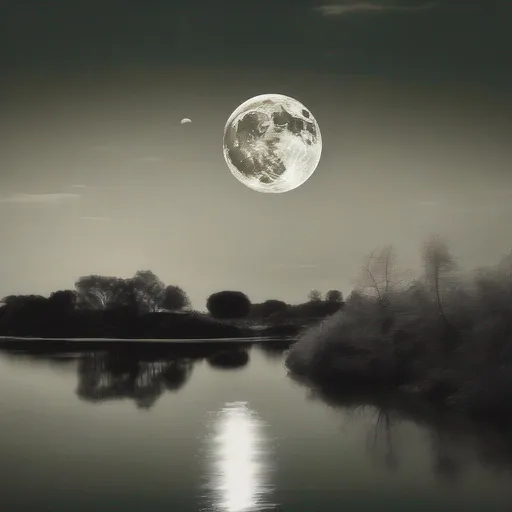 Prompt: spectacular landscape with body of water and big moon in the background , solarization