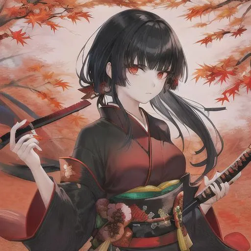 beautiful girl, black hair, red kimono, autumn, fall... | OpenArt