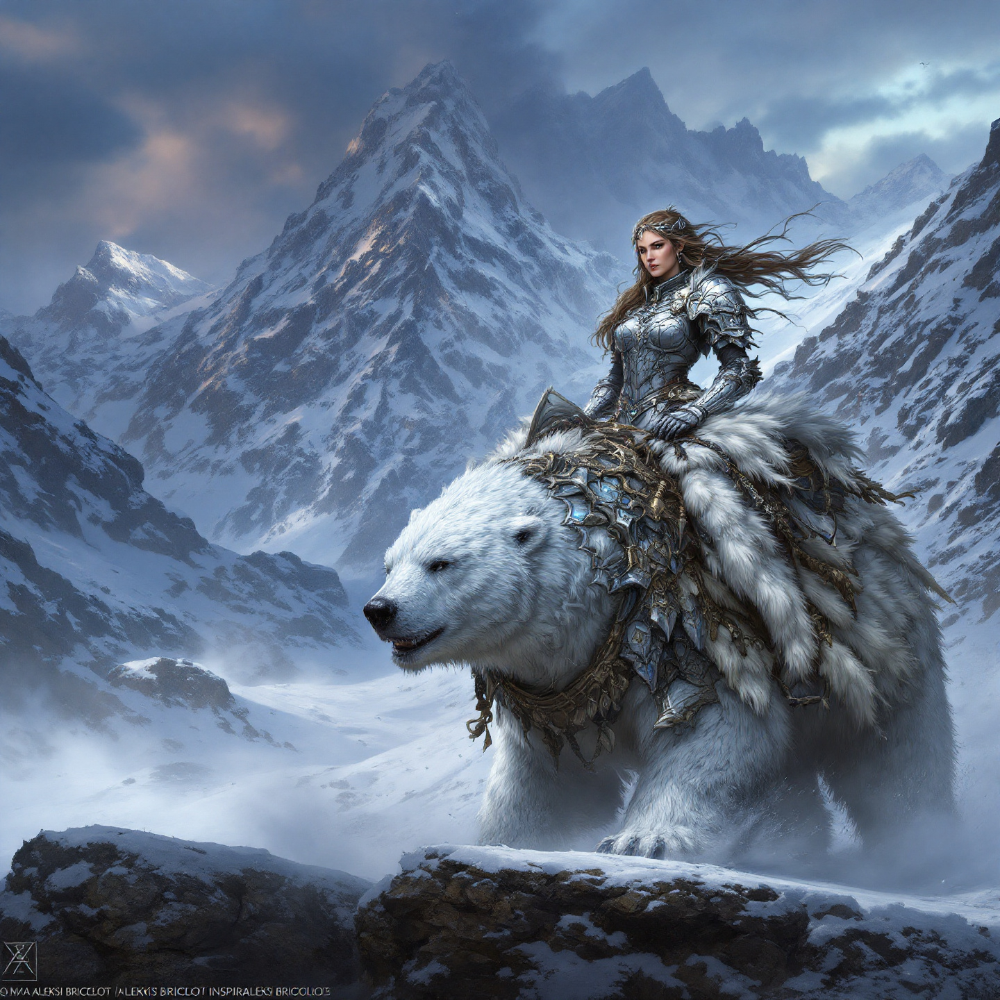 woman riding a polar bear in armor, majestic snowy m...