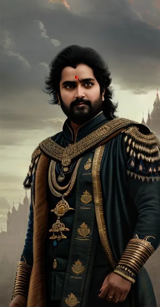 Prompt: Portrait of  Vedic king with black hair, Battlefield background, perfect composition, looking up, hyperrealistic, super detailed, 8k, high quality, trending art, trending on artstation, sharp focus, studio photo, intricate details, highly detailed, by greg rutkowski