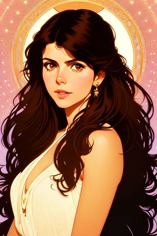 Prompt: Upper body portrait of Cute girl Marisa Tomei, 25 years old, brown long hair, tan skin, sundress, intricate, detailed face. by Ilya Kuvshinov and Alphonse Mucha. Dreamy, sparkles