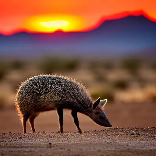 Prompt: southern Arizona baby javelina with mom javelina at sunset
