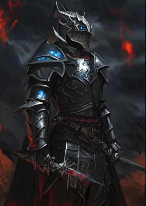 Prompt: A medieval Dark Knight in dragon scale armor with glowing blue eyes peeking out of the helmed and a Dark cloud trails behind him. He would carry a broad Longsword decorated with a small dragonscull in his right hand.