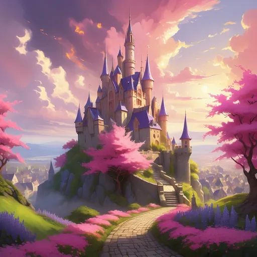 Prompt: A breathtaking fantasy landscape unfolds with a majestic castle adorned with towering spires and vibrant green roofs, nestled among lush, colorful foliage. The scene is illuminated by a golden light filtering through puffy clouds, casting a warm glow on the vivid blossoms of cherry pink, lavender, and sunny yellow that dot the garden pathways. Meandering paths, crafted from cobblestones, wind gracefully toward a charming stone bridge that arches over a serene, reflective pond, enhancing the tranquility of this enchanted realm. Soft gradients of color harmonize throughout the image, evoking a sense of wonder and magic, while the overall composition captures the essence of a fairy tale alive with life and beauty.