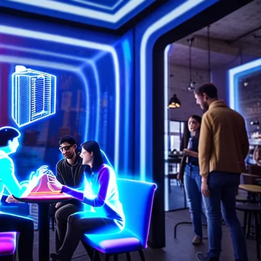 Prompt: People interacting with digital holograms in a cafe.
