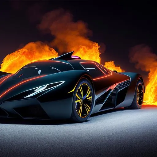 Prompt: Futuristic mega Batman car on fire and ice light speed 