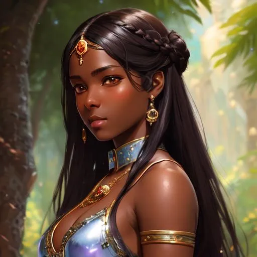 Prompt: Girl with dark skin,medieval hairstyle, tied hair, , clear brown eyes, wearing a  glittering dark rose medieval bikini, extremely detailed, novel realistic. Krenz Cushart + loish +gaston bussiere +craig mullins, j. c. leyendecker +Artgerm, oil painting texture oil painting effect., nature background 