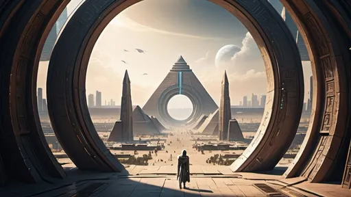 Prompt: small circular portal in the distance, gateway between cities realms worlds kingdoms, ring standing on edge, freestanding ring, hieroglyphs on ring, complete ring, obelisks, pyramids, futuristic towers, large wide-open city plaza, wide vista view, futuristic cyberpunk dystopian setting