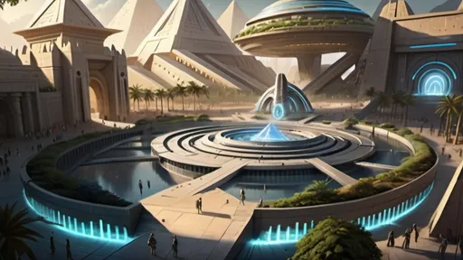 Prompt: Stargate in the middle of a city plaza, futuristic setting, aerial view, star portal, pyramid spaceships, floating pyramids, hanging gardens, detailed fantasy art, futuristic gardens, highres, detailed, aerial perspective, fantasy art, sci-fi, futuristic, star portal, detailed architecture, egyptian architecture, professional, magical lighting, atlantis setting