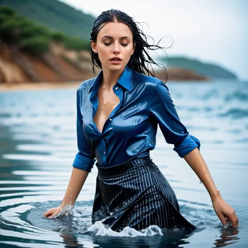 Prompt: photo of young woman, soaking wet clothes, black high heels, black pinstripe skirt, blue satin shirt,  , swimming in the sea,   enjoying, water dripping from clothes, clothes stuck to body,  detailed textures of the wet fabric, wet face, wet plastered hair,  wet, drenched, professional, high-quality details, full body view 