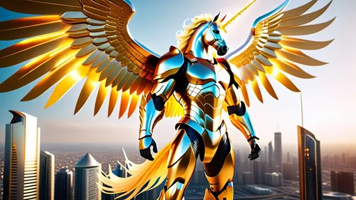 Prompt: an anthropomorphic bipedal winged unicorn stallion in golden futuristic armor standing upright over a futuristic city,  a flaming sword is in his right hand, huge wingspan, glowing white eyes, long wavy white mane and tail hair, long forelocks from forehead flow into his face, muscular masculine physique, 8k, full body detailed, wide angle shot, photo realistic, hyper detailed, professional, GFP-GAN