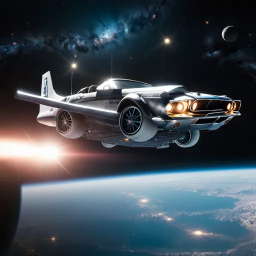 Prompt: Mustang flying through space