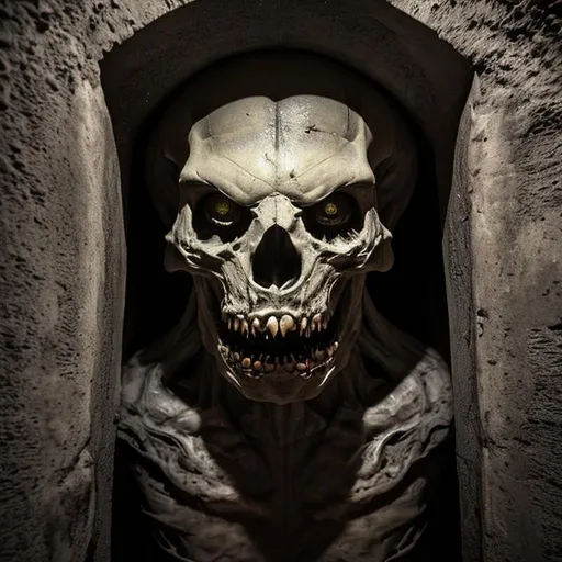 Prompt: A monster lurking in the catacombs looking at you 