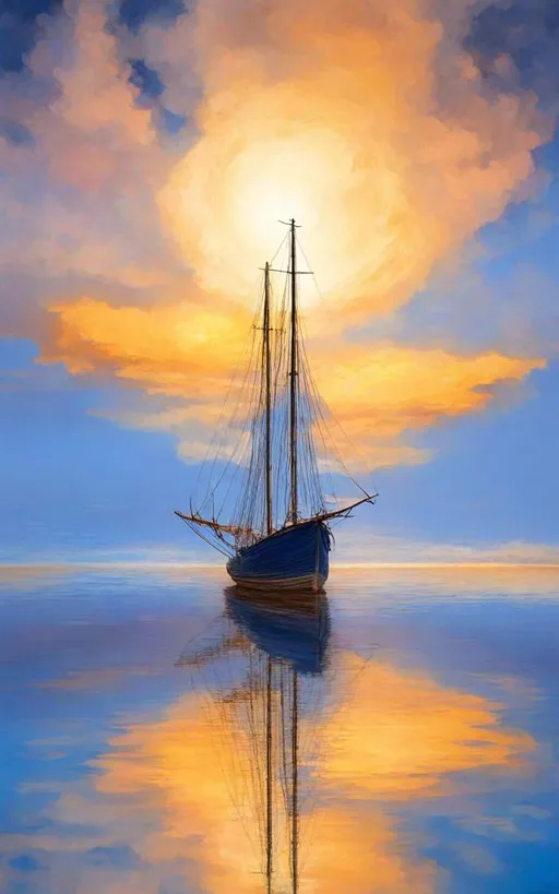 Prompt: A schooner silhouette against a twilight gradient sky, colors of indigo and gold, in the style of Turner's maritime paintings, ethereal light effects, details of ropes and sails visible, reflections on calm sea 