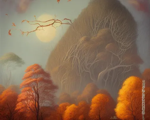 Prompt: ART DECO AUTUMN TREES, falling leaves, birds, hills, wind, clouds, castle, AURIKA PILIPONIENE IRA KENNEDY MARCI MCDONALD HOLAKANOLA MARIA SERAFINA DEBBIE CRISWELL victo ngai henri rousseau vladimir kush Arief Putra Anita Inverarity Alenka Sottler Itzchak Tarkay remedios varo