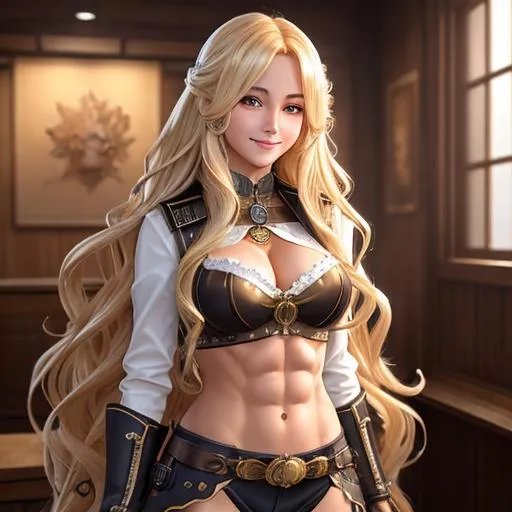 Prompt: extremely realistic, hyperdetailed, extremely long blonde wavy hair anime girl, blushing, smiling happily, wears steampunk clothing, toned body, showing abs midriff, highly detailed face, highly detailed eyes, full body, whole body visible, full character visible, soft lighting, high definition, ultra realistic, 2D drawing, 8K, digital art