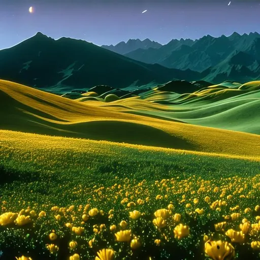 Prompt: a beautiful vista of rolling hills and alien flowers, with one prefabricated building, in the style of Star Trek. {Star Trek: The Next Generation}