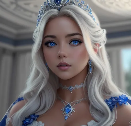Prompt: A hyper realistic detailed image of a beautifull ((sexy)) princess mix of Madisson Beer and Ashley Benson, ((Royal blue eyes)) with a ((White lace dress)), jewelry set, royal vibe, with a plunging neckline, jewelry set, balayage wild hair, highly detailed, digital painting, Trending on Deviantart, HD quality, ((by JuneJenssen)), ((very huge breast)),
