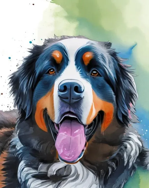 Prompt: Detailed poster in vibrant water color of a bernese mountain dog outside. With text Bodhi on the top. 