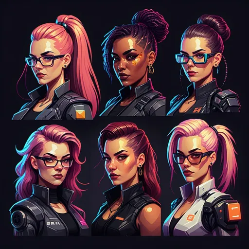 Prompt: Create a series of female portraits of strong empowered women bosses using pixel art with cyberpunk style.