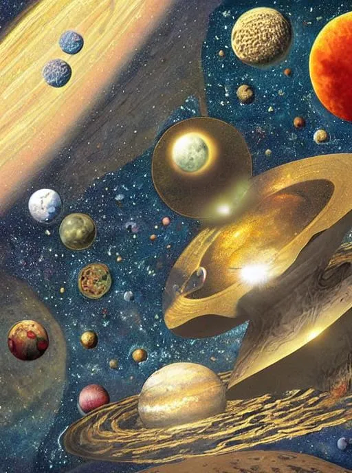 Prompt: a gold coin asteroid heading toward an arcade planet by destiny womack, gregoire boonzaier, harrison fisher, richard dadd, planets and small asteroids and galaxy in background with life and small spaceships