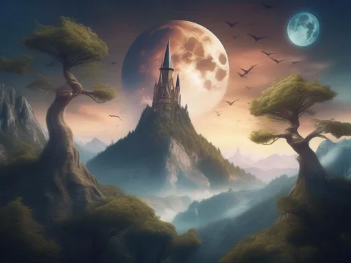 Prompt: hyperrealistic fantasy landscape with trees, mountains and beasts in the air, magic crackles from a wizards tower, lit by twin moons