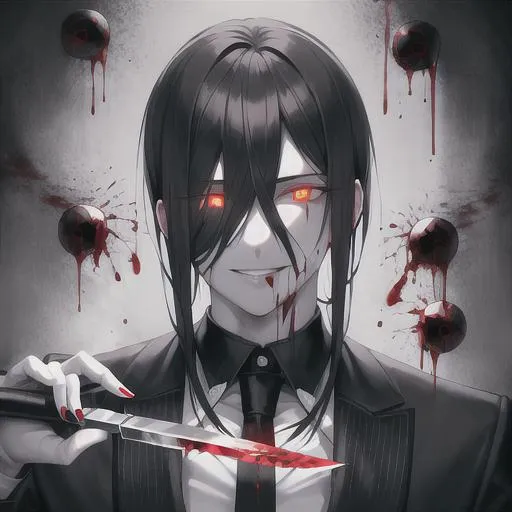 Prompt: mastermind, realistic, mature man, glowing eyes, blood, in-human smile, licking knife, black and white outfit