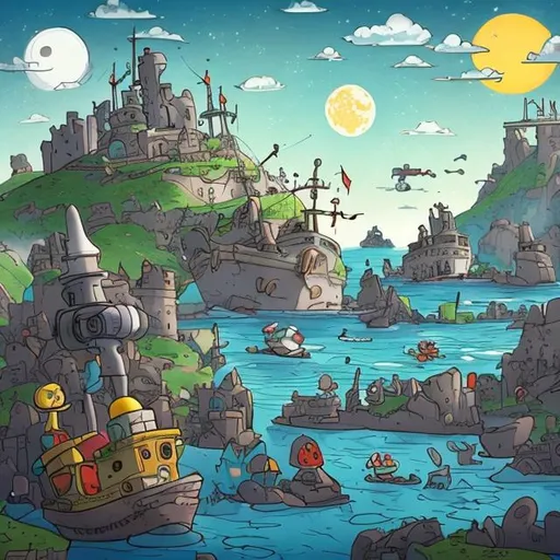 Prompt: landscape, powered by the moon, cartoon style, little robots and ships, a shipwreck in the back of the right upper corner