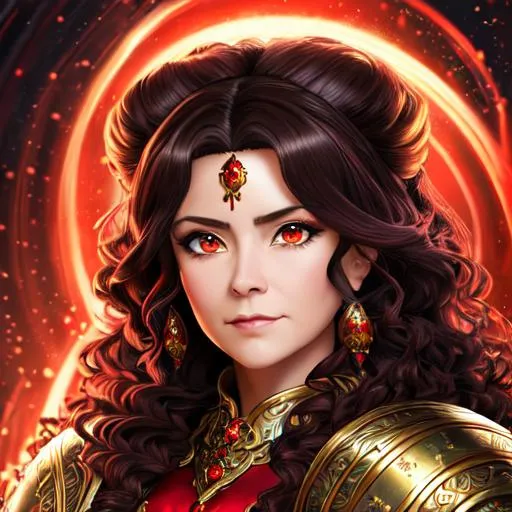 Prompt: "Full body, oil painting, fantasy, anime portrait of an older dwarf woman with flowing curly dark brown hair and dark red eyes,  | wearing intricate red and black battle armor, #3238, UHD, hd , 8k eyes, detailed face, big anime dreamy eyes, 8k eyes, intricate details, insanely detailed, masterpiece, cinematic lighting, 8k, complementary colors, golden ratio, octane render, volumetric lighting, unreal 5, artwork, concept art, cover, top model, light on hair colorful glamourous hyperdetailed medieval city background, intricate hyperdetailed breathtaking colorful glamorous scenic view landscape, ultra-fine details, hyper-focused, deep colors, dramatic lighting, ambient lighting god rays, flowers, garden | by sakimi chan, artgerm, wlop, pixiv, tumblr, instagram, deviantart