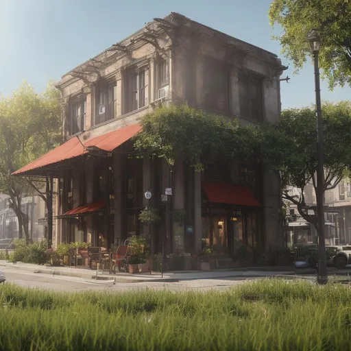 Prompt: urban downtown storefront, cafe, sunny day, Realistic, lush, green forest, many trees, with a path, nature, wildlife, high res, 4K, futuristic dystopian city, thunder in the night sky, sparks, realistic, absurd; early morning, summer, cinematic lighting, detailed digital illustration, procreate, hyperrealistic, highly detailed, 8k