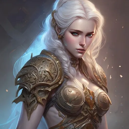 Prompt: beautiful female aasimar, blonde, muscular upper body, D&D, fantasy, intricate, elegant, highly detailed, digital painting, artstation, concept art, smooth, sharp focus, illustration, white eyes with blue outline, olive skin, cleric