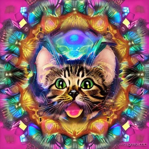 Prompt: kitty kaleidoscope. Detailed, fun, weird, 3d, rainbow,