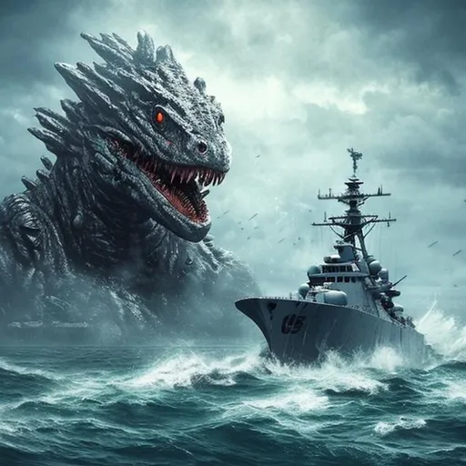 Prompt: warship fighting monster in the ocean