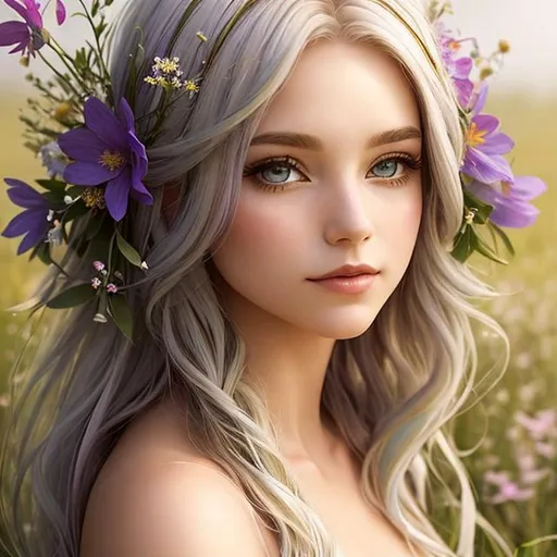 Prompt: a fairy , etherial, light colored hair,surrounded with wildflowers
