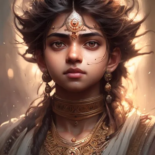 Prompt: Closeup face portrait of a Indian King, smooth soft skin, big dreamy eyes, beautiful intricate colored hair, symmetrical, anime wide eyes, soft lighting, detailed face, by makoto shinkai, stanley artgerm lau, wlop, rossdraws, concept art, digital painting, looking into camera