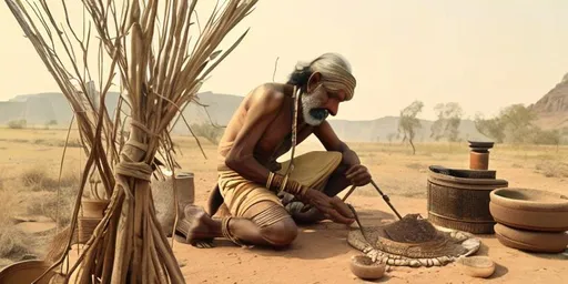 Prompt: ancient indian man doing his scientific working in his hut  