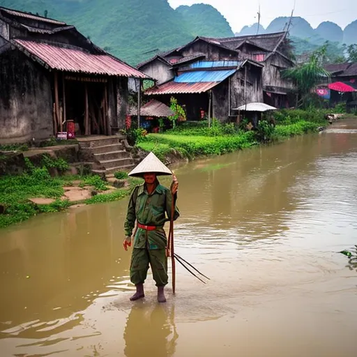 Prompt: Viet nam village , soldier , river