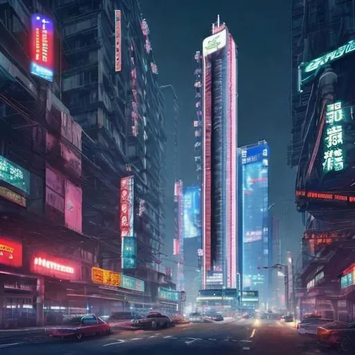 Prompt: 
 A Skyscraper with a different shooting range on each floor. The tower has 50 floors. It is covered in attractive neon lights. Across the street from a small one story building, in a cyberpunk landscape.