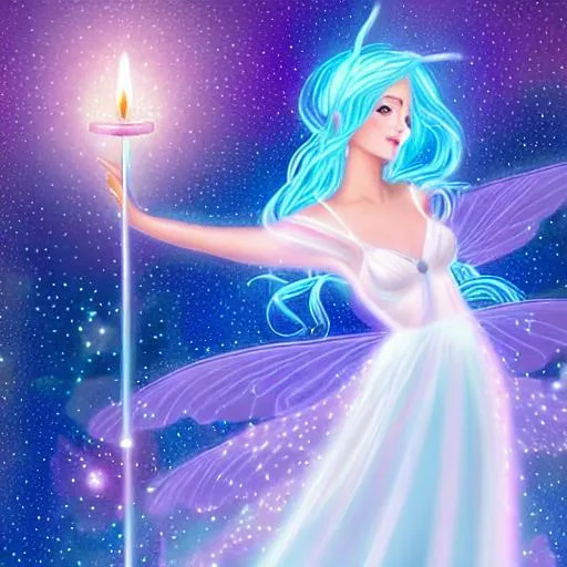 Prompt: full length illustration of gorgeous flying healing fairy nymph with straight sparkling silver hair| holding a glowing candle in one outstretched arm| wearing glowing flowing soft pink purple blue white dress| a translucent [enchanted forest spirit]| (full body)| detailed face| mandelbrot lymph node in background| mythical| elegant| modest|