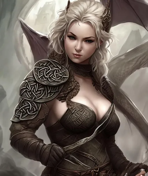 Prompt: Baby Dragon On Shoulder, Beautiful, Cleavage, Celtic, Female, Assassin
