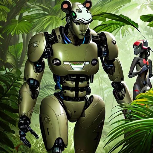 Prompt: Robots humanoids in jungle among animals photorealistic 