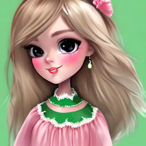 Prompt: make a white girl with bordeau straight hair brown green eyes with a pink dress